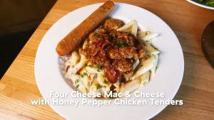 Four Cheese Mac & Cheese with honey pepper chicken tenders